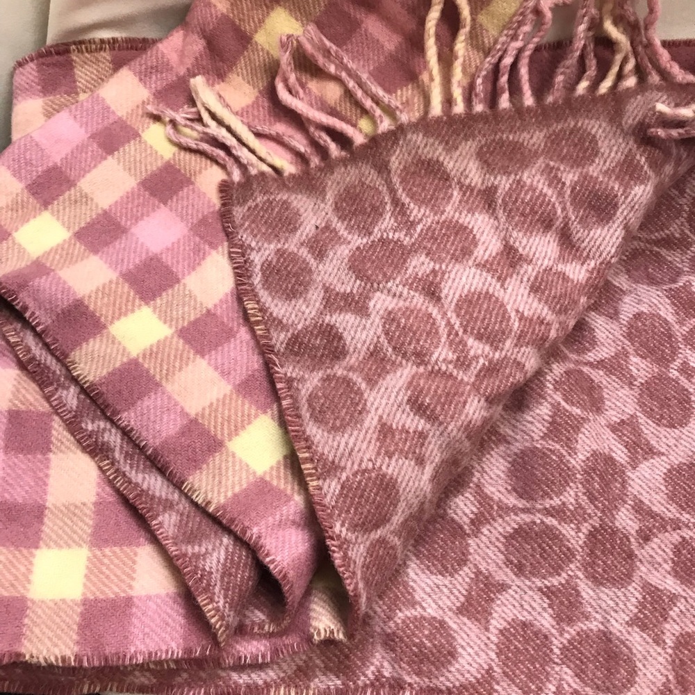 Coach Reversible Fringe Scarf - mauve pink logo/ pink cream plaid - 64 x 12